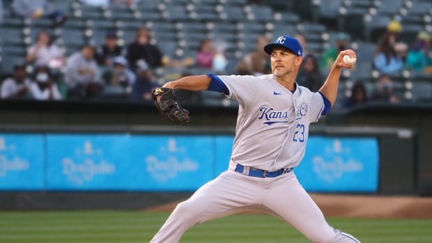 Jun 10, 2021; Oakland, California, USA; Kansas City Royals pitcher Mike Minor (23) pitches the ball against the Oakland Athletics during the second inning at RingCentral Coliseum. Mandatory Credit: Kelley L Cox-USA TODAY Sports